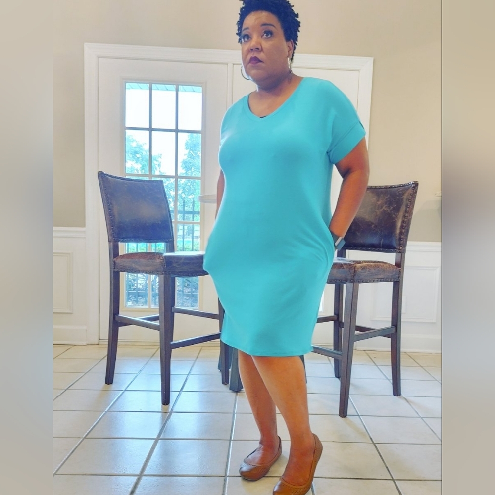 Zenana Turquoise Pocket T-Shirt Dress | Soft Stretch Casual Lounge Dress - Picture 3 of 3